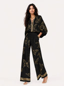 Elegant Butterfly Print Zip-Up Top & Wide Leg Pants Set