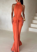Ruched Backless Halter Maxi Dress