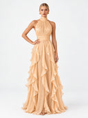 Elegant Backless Ruched Tiered Ruffle Maxi Dress