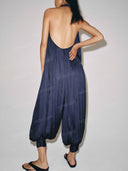 Relaxed Deep V-Neck Pleated Wide Leg Jumpsuit