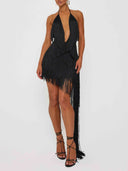 Sexy Halter Neck Fringe Asymmetrical Mini Dress