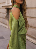 Elegant Satin Off-Shoulder Twist Front Slit Maxi Dress