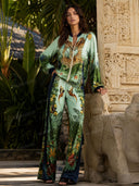 Exotic Jungle Print Zip-Up Shirt & Wide Leg Pants Set
