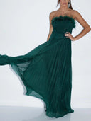 Elegant Feather Trim Shimmer Strapless Maxi Dress