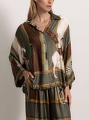 Retro Equestrian Print Shirt & Wide-Leg Pants Two-Piece Set