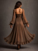 Sexy Lace Spaghetti Strap Sheer Chiffon Ruffle Maxi Dress