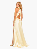 Elegant halter backless ruched high slit satin maxi dress