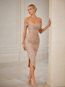 Elegant Sequin Off-Shoulder Asymmetric Party Midi Dress