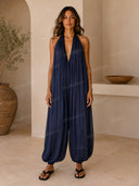 Relaxed Deep V-Neck Pleated Wide Leg Jumpsuit