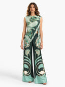 Retro Artistic Print Fringe Trim Asymmetrical Top & Pants Two-Piece Set