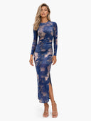 Charm Lady Mesh Overlay Tie Dye Print Long Sleeve Ruched Stretch Midi Dress