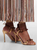 Wood Beaded Ankle-Wrap Stiletto Heeled Sandals