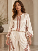Retro Floral Print Satin Blouse & Wide-Leg Pants Two-Piece Set