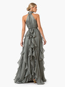 Elegant Halter Neck Ruffle Chiffon Flowy Maxi Dress