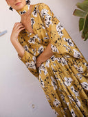 Elegant Floral Print Draped Kaftan Maxi Dress