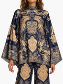 Retro Baroque Print High Neck Batwing Sleeve Two-Piece Set