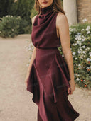 Elegant Satin High-Neck Top & Layered Ruffle Midi Skirt Set