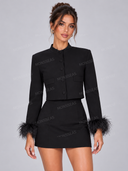 Elegant Feather Trim Cropped Jacket & Mini Skirt Set