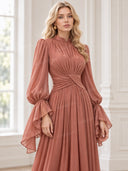 Elegant Pleated Flowy Long-Sleived Maxi Dress