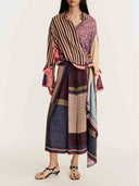 Retro Patchwork Print Shirt & Midi Skirt Two-Piece Set