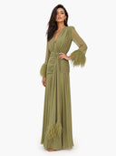 Elegant V-Neck Feather Cuff Flowing Chiffon Maxi Dress