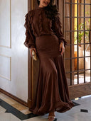 Elegant Ruffle Top & Ruched Mermaid Maxi Skirt Two-Piece Set