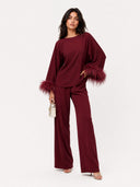 Elegant Feather-Trim Batwing Top & Pants Two-Piece Set