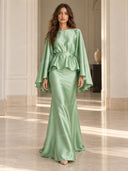 Satin Cape Sleeve Peplum Mermaid Maxi Dress Set