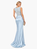 Elegant Blue Embroidery Satin Crew Neck Sleeveless Sheath Maxi Dress