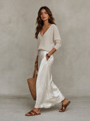 Elegant Knit V-Neck Sweater & Satin Slip Dress Two-Piece Set