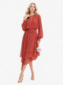 Asymmetrical Hem Long Sleeve Chiffon Midi Dress