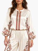 Retro Floral Print Satin Blouse & Wide-Leg Pants Two-Piece Set
