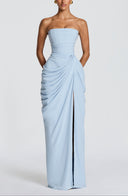 Strapless Pleated Slit Maxi Dress