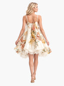 Exquisite Floral Print Organza Lace-Trim Mini Dress