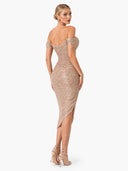 Elegant Sequin Off-Shoulder Asymmetric Party Midi Dress