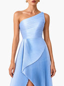 Elegant One-Shoulder Pleated Asymmetrical High-Slit Maxi Dress
