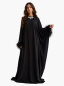 Elegant Feather-Trim Long Cardigan & Maxi Dress Set