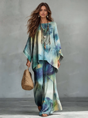 Exquisite Tie-Dye Print Batwing Sleeve Shirt & Pants Two-Piece Set