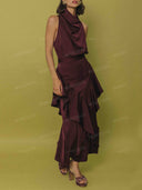 Elegant Satin High-Neck Top & Layered Ruffle Midi Skirt Set