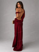 Elegant Burgundy One-Shoulder Draped Satin Maxi Dress