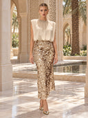 Elegant Sleeveless Blouse & Sequin Midi Skirt Two-Piece Set