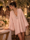 Embellished V-Neck Fringe Trim Kaftan Mini Dress