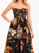 Exquisite Strapless Lace-Trimmed Printed Pleated Midi Dress