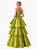 Elegant Strapless Tiered Ruffle Satin Maxi Dress