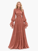Elegant Pleated Flowy Long-Sleived Maxi Dress