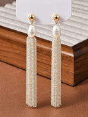 Pearl Rhinestone Tassel Drop Earrings