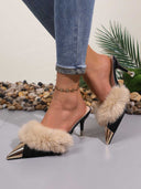 Feather Metal‑Tip Pointed Kitten Heel Mules Heel Sandals