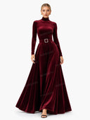 Elegant High-neck Velvet Long-sleeved Maxi Dress