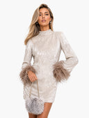 Elegant Sequined Fur Cuff Mini Dress