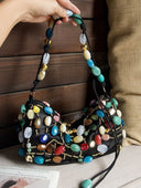 Bohemian Multicolor Stone Beaded Hobo Underarm Shoulder Bag